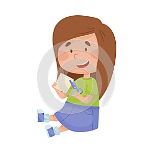 Little Girl Holding Scissors Doing Paper Craft Vector Illustration