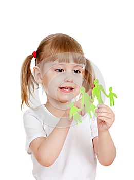 Little girl holding and showing on family paper