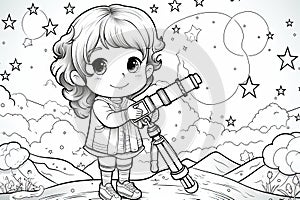 a little girl holding a telescope in her hand and looking at the stars. generative ai