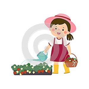 Little girl holding watering can and watering strawberry bushes