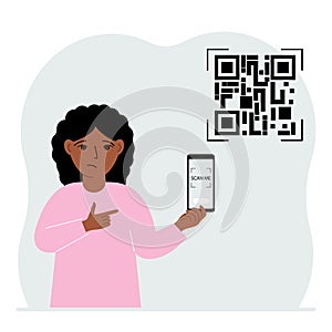 A little girl holds a mobile in his hand with the text Scan me. Next to the child QR code.