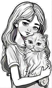 A little girl holds a Persian cat in her arms. Pencil drawing. Sketcher. Vertical image