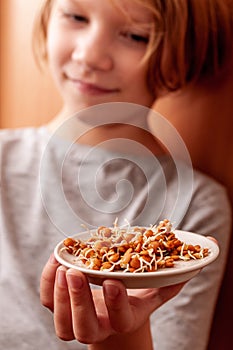 A little girl holds a plate of sprouted lentils