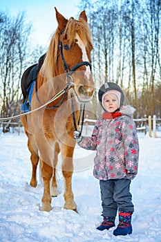 Little girl on a horse in winter, horseback riding
