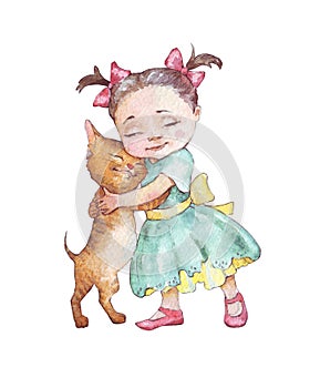 Little girl hugging cat