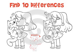 Little girl hugs cat. Find 10 differences. Coloring book