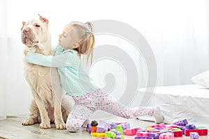 Little girl hugs her big dog. The concept of lifestyle, childhood, upbringing, family.