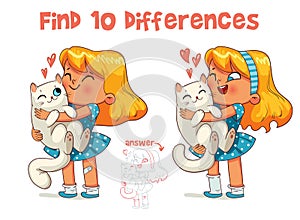 Little girl hugs kitty cat. Find 10 differences. Educational game for children. Attention task