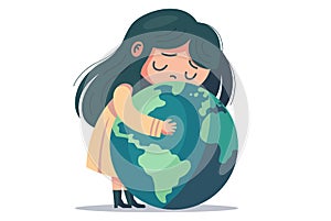 little girl hugs the planet. care for planet earth. save nature.