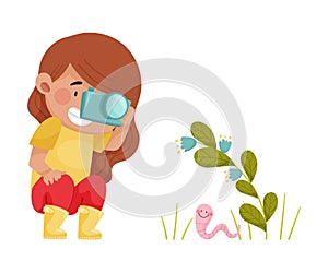 Little Girl Hunkering Down with Camera Taking Photo of Worm Crawling on the Ground Vector Illustration