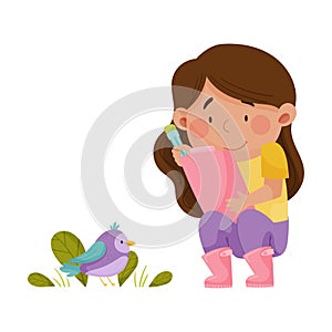 Little Girl Hunkering Down with Clip Board Drawing Bird Sitting on the Ground Vector Illustration