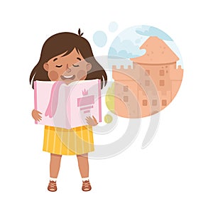 Little Girl Imagining Castle in Bubble Reading Book Having Fantasy Vector Illustration