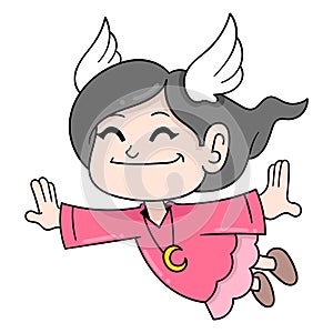 Little girl is imagining flying into the sky, doodle icon image kawaii