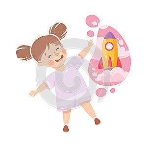 Little Girl Imagining Rocket Launch in Bubble Having Fantasy Vector Illustration