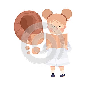 Little Girl Imagining Stone Cave in Bubble Reading Book Having Fantasy Vector Illustration