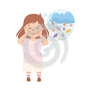 Little Girl Imagining Sweets and Candy in Bubble Having Fantasy Vector Illustration