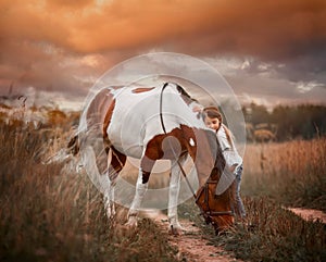 Little girl with in indian style pinto pony in summer field