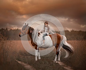 Little girl with in indian style pinto pony in summer field photo