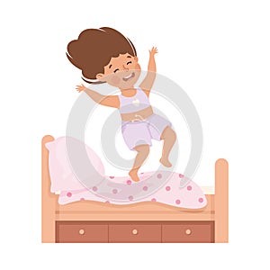 Little Girl Jumping on Her Bed Having Bad Behavior Vector Illustration