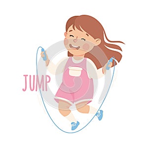 Little Girl Jumping Rope Demonstrating Vocabulary and Verb Studying Vector Illustration