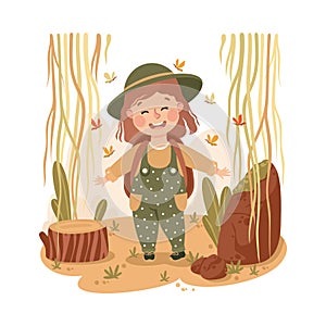 Little Girl in the Jungle Standing with Backpack Exploring Tropical Environment Vector Illustration