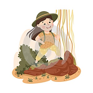 Little Girl in the Jungle Walking Across Mossy Stones Exploring Tropical Environment Vector Illustration