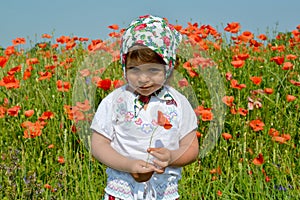 The little girl keeps red poppy in a poppy field