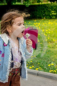 Little girl kid blow dandelion