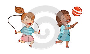 Little Girl in Kindergarden Playing Ball and Skipping Rope Vector Illustration Set