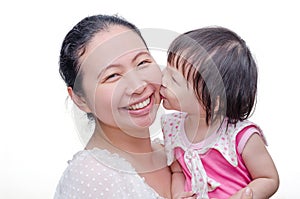 Little girl kissing her mom