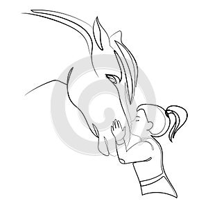 Little girl kissing a horse Line art drawing vector illustration.Silhouette of a child with a horse
