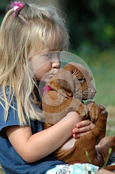 Little girl kissing puppy