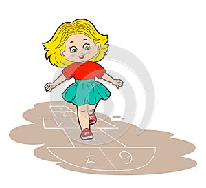 A Little Girl in a lace skirt and a red sweater is jumping, playing hopscotch. Vector illustration in cartoon style