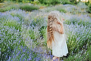 Little girl in lavender field. kids fantasy. Smiling girl sniffing flowers in summer purple lavender field