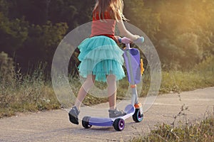 Little girl learn to ride scooter in a park on sunny summer day. Active leisure and outdoor sport for child.