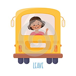 Little Girl Leaving in Bus Waving Hand Demonstrating Vocabulary and Verb Studying Vector Illustration