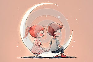 A little girl and little boy sitting on a crescent moon together. Love in space. Romantic illustration. Generative AI