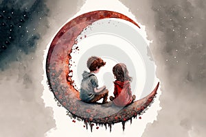A little girl and little boy sitting on a crescent moon together. Love in space. Romantic watercolor illustration. Generative AI