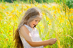 Little girl with long hair in a white dress rejoices in a field with flowers