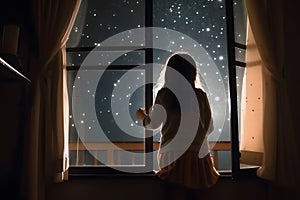 Little girl looking out window into starry night sky, Generative AI