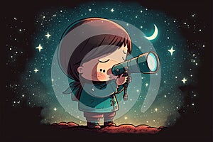 a little girl looking through a telescope at the stars and moon in the sky with a telescope in her hand and a telescope in her