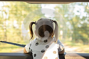 A little girl looks out the back window of a car while driving through the forest. The child stands near the rear window