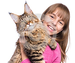 Little girl with Maine Coon kitten