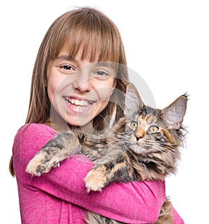 Little girl with Maine Coon kitten