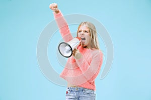 The little girl making announcement with megaphone