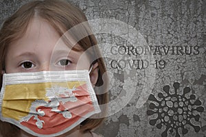 Little girl in medical mask with flag of bhutan stands near the old vintage wall with text coronavirus, covid, and virus picture.