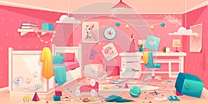 Little girl messy bedroom cartoon vector interior