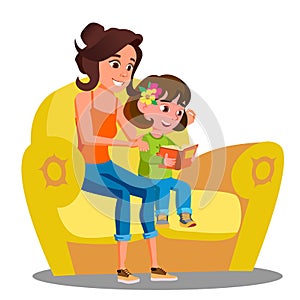 Little Girl And Mother Reads A Book On The Sofa Vector. Isolated Illustration