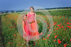 Little girl with mother walking on the poppy field