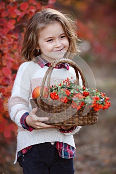 Little girl in a motley autumn park at sunset